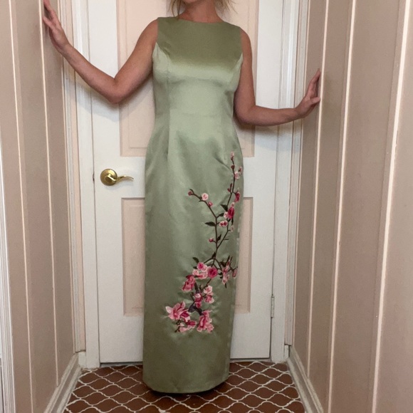 Jessica McClintock Dresses & Skirts - Y2K Jessica McClintock Green Satin Cherry Blossom Semi Formal Pencil Dress 10